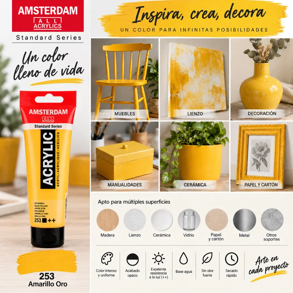 Usos y superficies Acrílico Amsterdam Standard Series Amarillo Oro 253