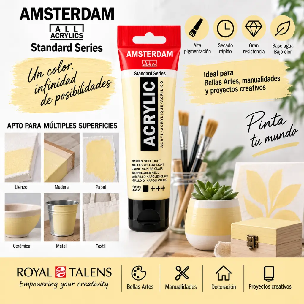 Usos y superficies Acrílico Amsterdam Standard Series Amarillo Nápoles Claro 222