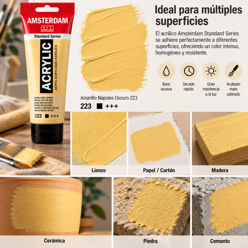 Usos y superficies Acrílico Amsterdam Standard Series Amarillo Nápoles Oscuro 223