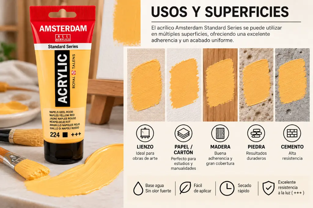 Usos y superficies Acrílico Amsterdam Standard Series Amarillo Nápoles Rojo 224