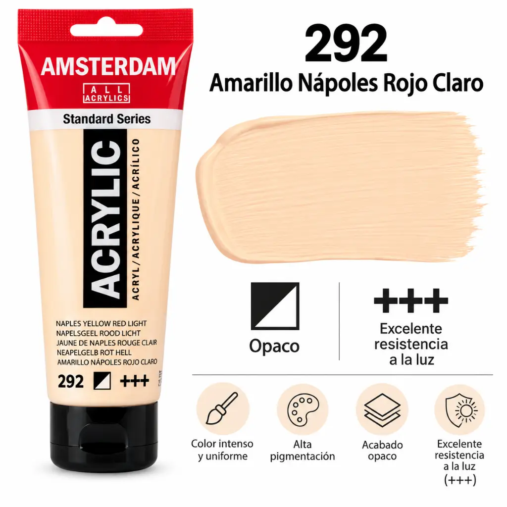 Características Acrílico Amsterdam Standard Series Amarillo Nápoles Rojo Claro 292
