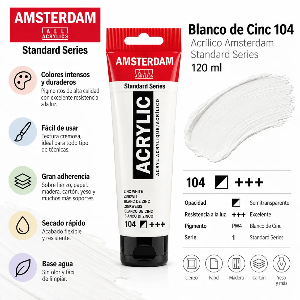 Características Acrílico Amsterdam Standard Series Blanco de Cinc 104